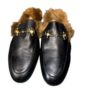 Men’s Roberto Cavalli leather & faux fur loafers with gold-tone logo US 10
